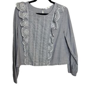 Melrose and Market Blue White Striped Blouse Lace Eyelet Detail Size Large